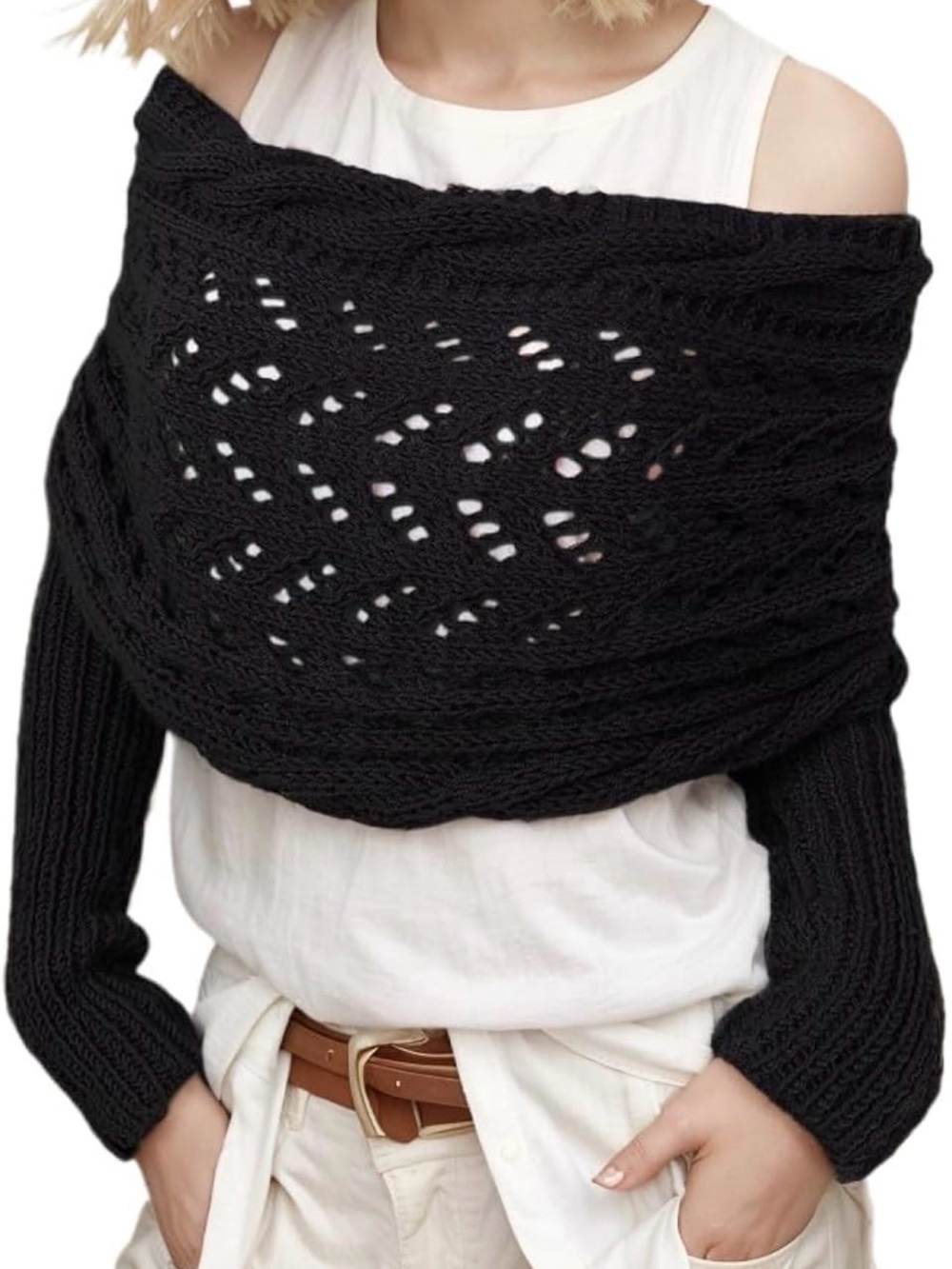 Off-Shoulder Black Knit Shrug Wrap